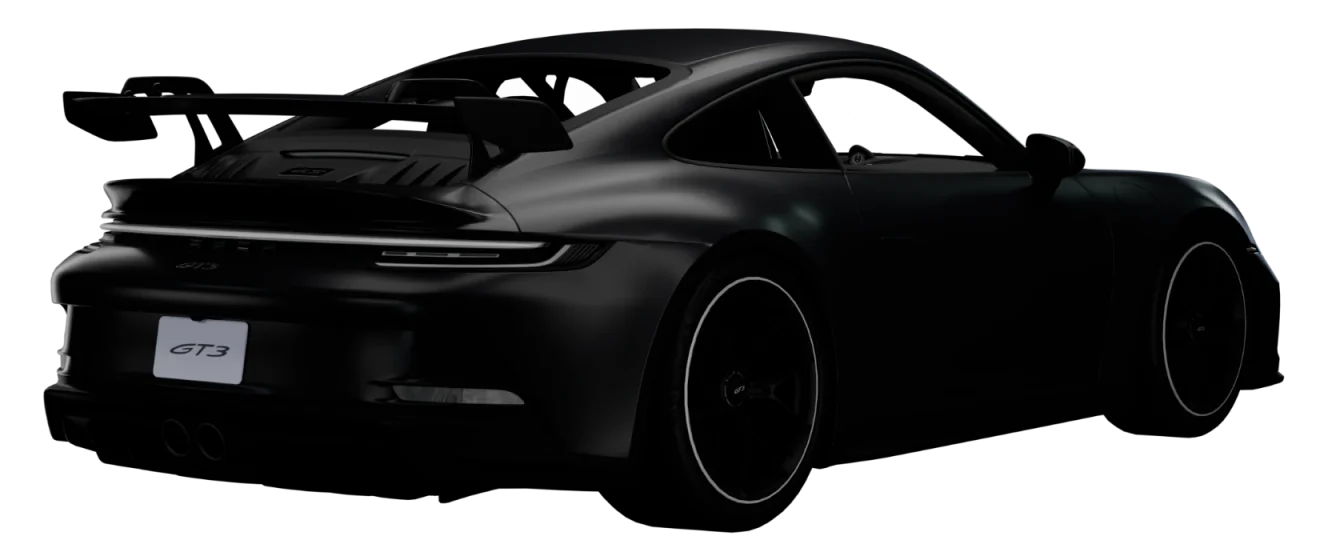 Black Porsche 911 GT3 from the rear three-quarter, big swan-neck wing