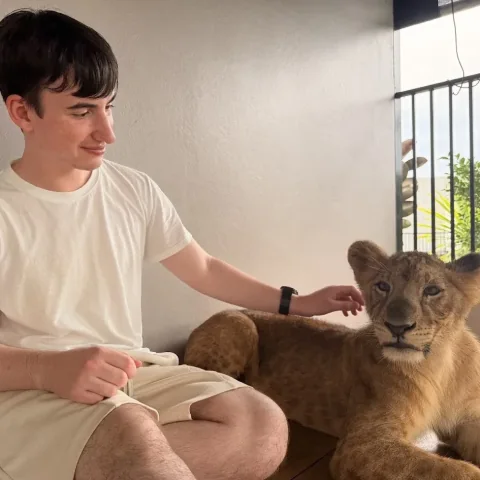 Daniel with a lion cub at Phuket Lion Zoo