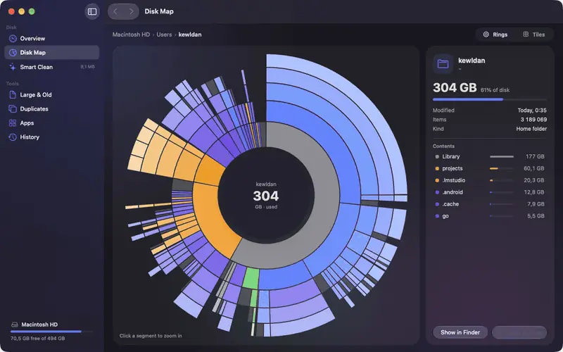Sector: zooming into a folder on the disk map, switching between rings and tiles
