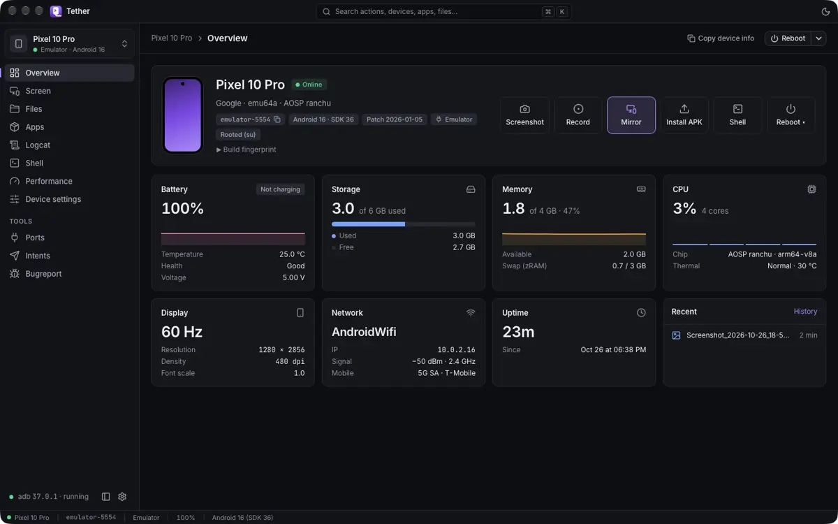 Tether: device overview with battery, storage, memory and CPU